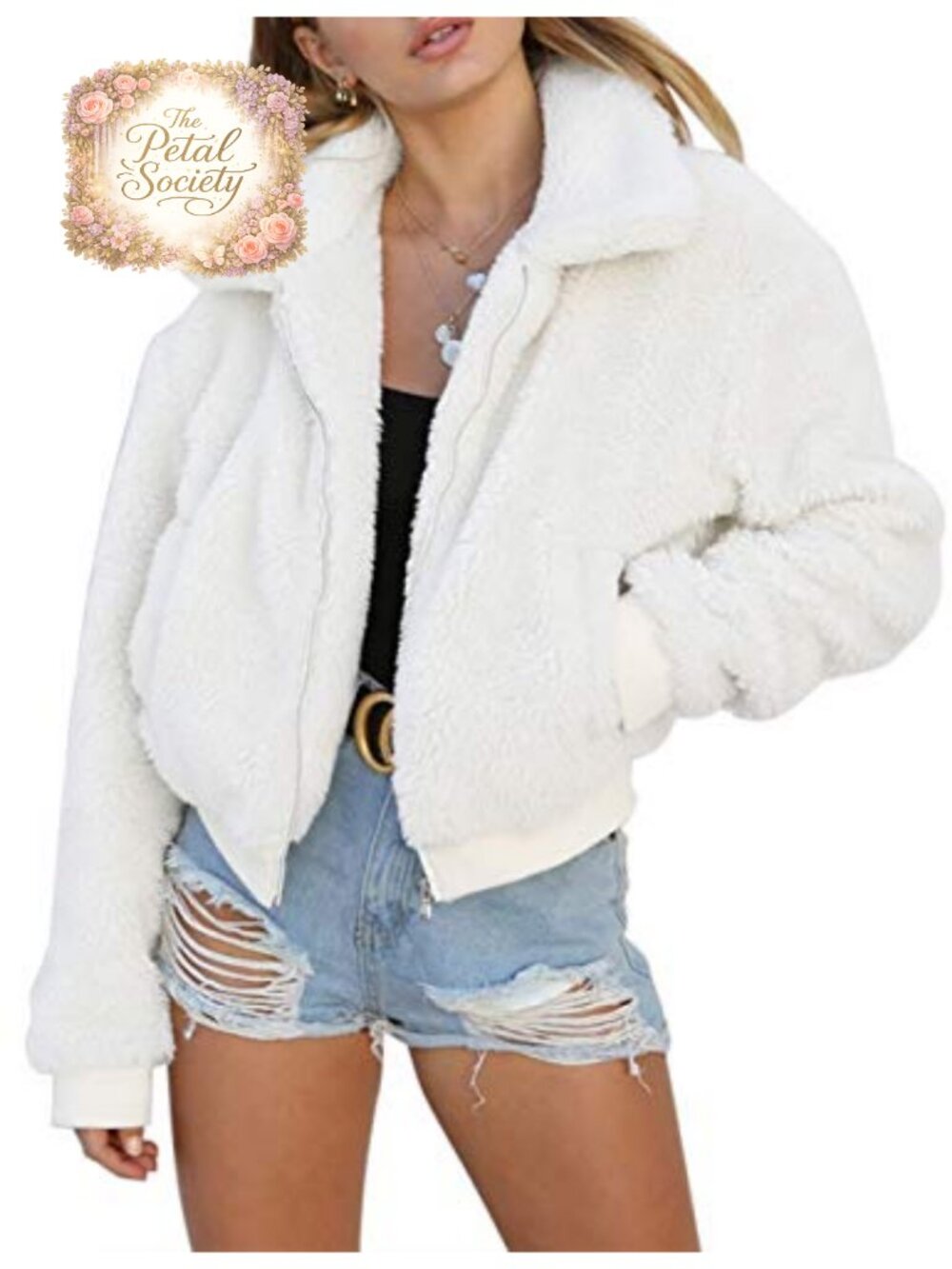 Short Faux Fur Coat Zip-Up Shaggy Jacket Pockets Winter Warm Fluffy Outwear